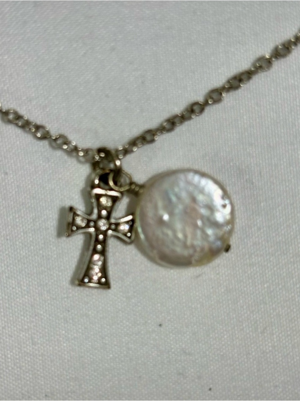 Brighton Sutton Cross Mother of Pearl Disc Charm Silver Plated Necklace